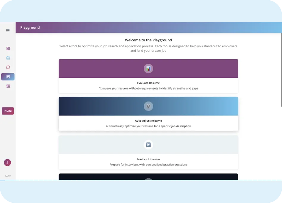 Welcome to the Playground interface of ORO AI, featuring tools for resume evaluation, auto-adjustment, and interview preparation.